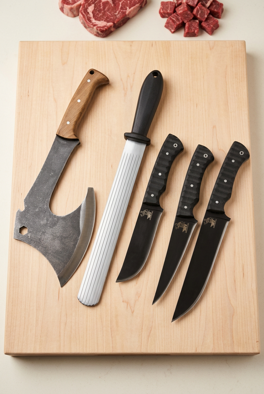 Professional Butcher Knife Set Karadayı (Honing Steel + Axe)